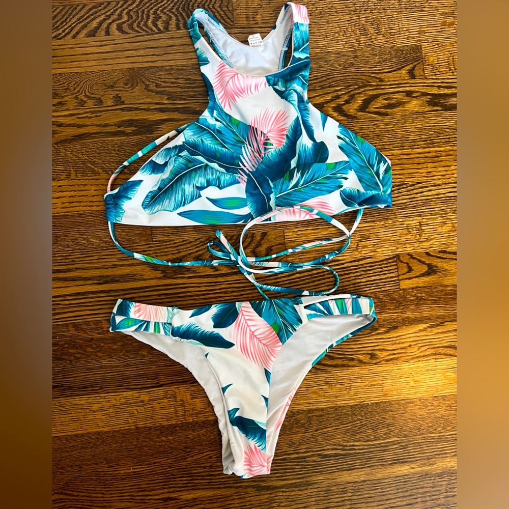 Tropical Print Halter Bikini Cheeky Bottom